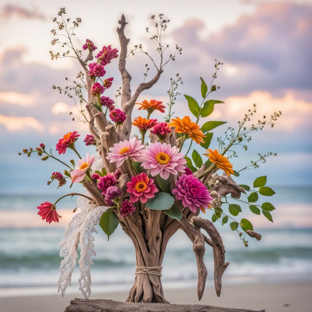 Floral Still Life with Driftwood and Lace