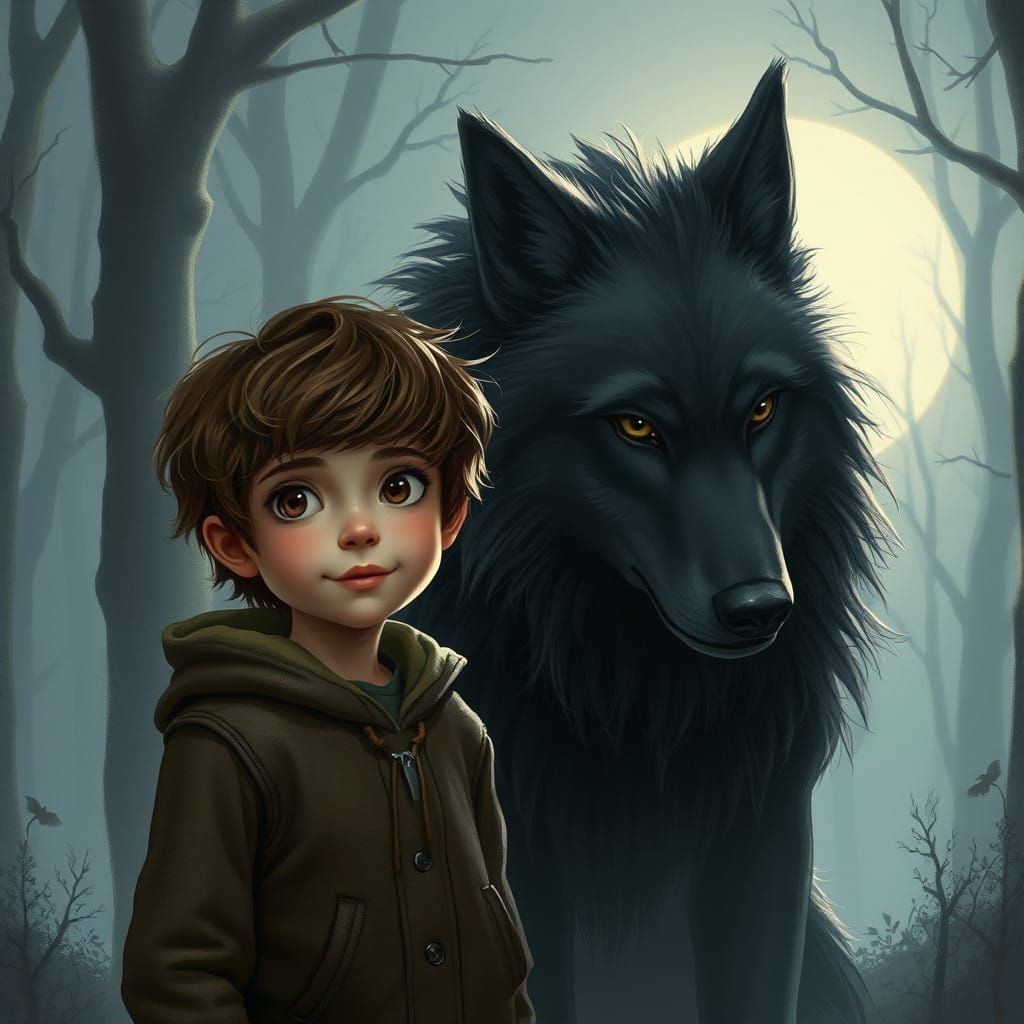 Young Boy Stands Beside Dark Wolf in Mystical Forest