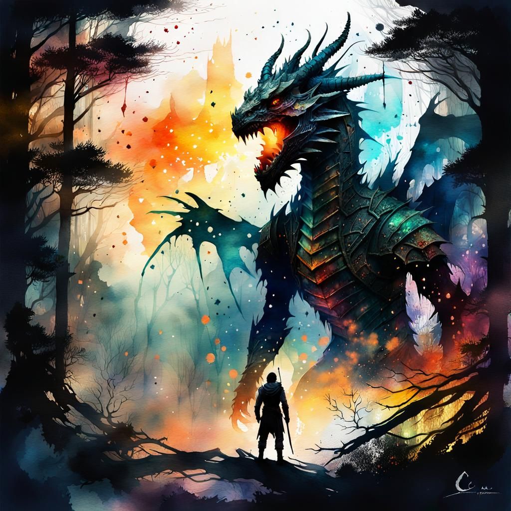 Dragon Silhouette in Dark Forest: Digital Watercolor Art