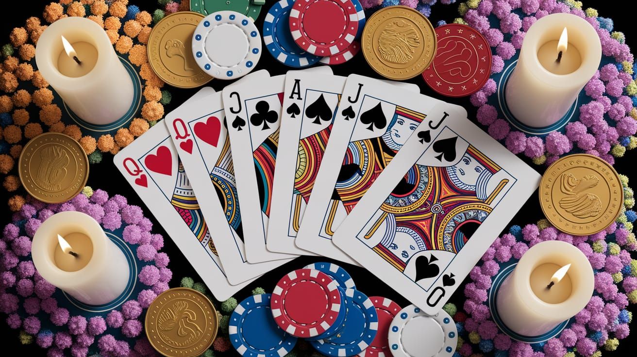 Antique Playing Cards Amongst Poker Chips and Candles