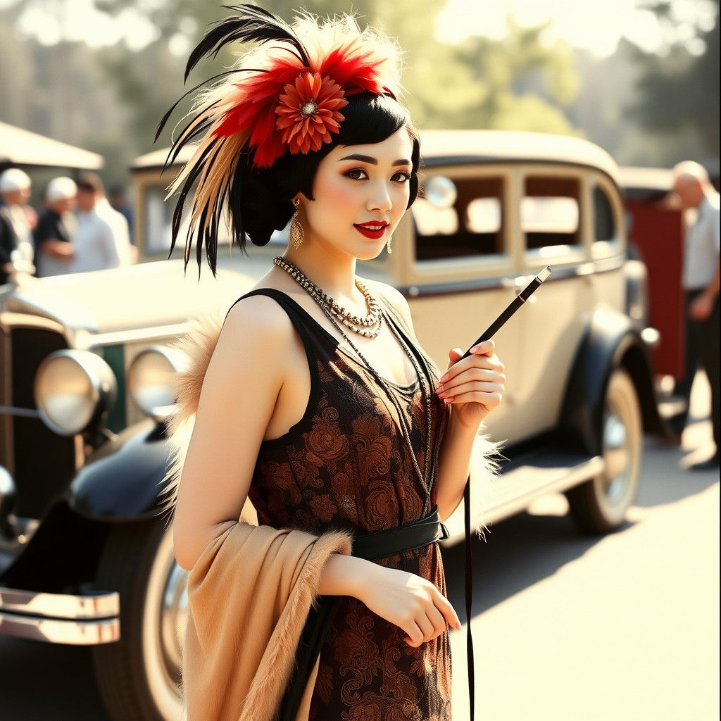 Vintage Geisha in Flapper Attire with Feather Boa