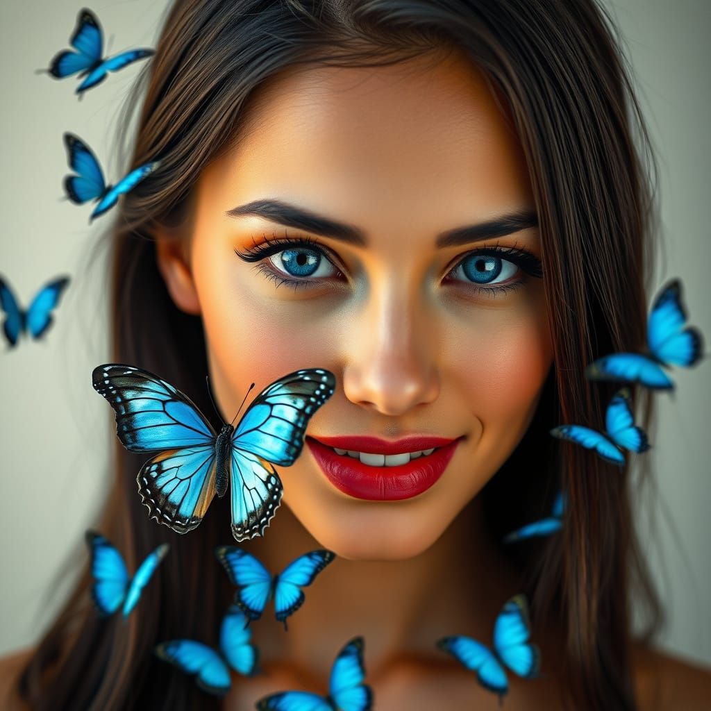 Glamorous Woman in Portrait with Blue Butterflies