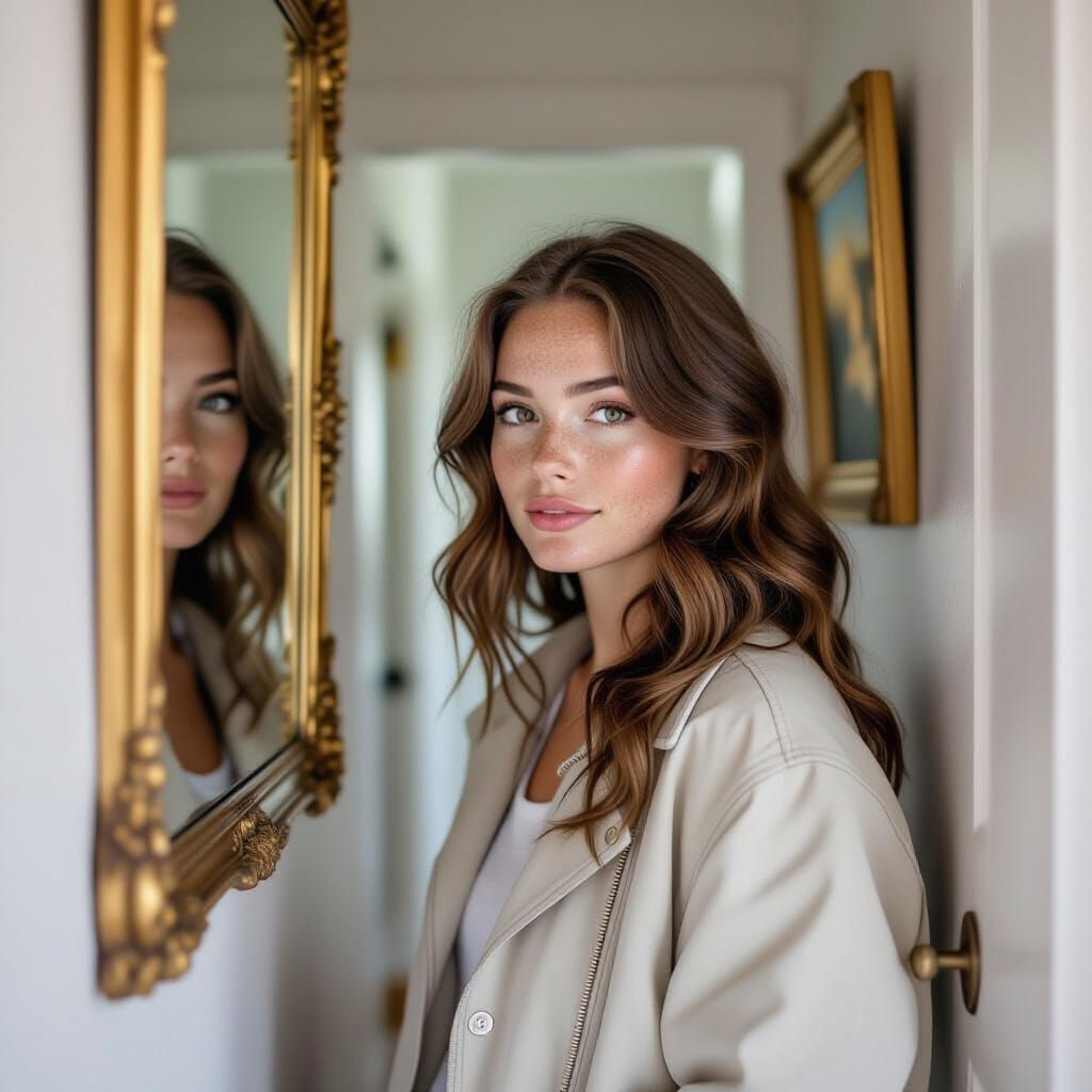 Woman in Hallway Glancing at Mirror Reflection