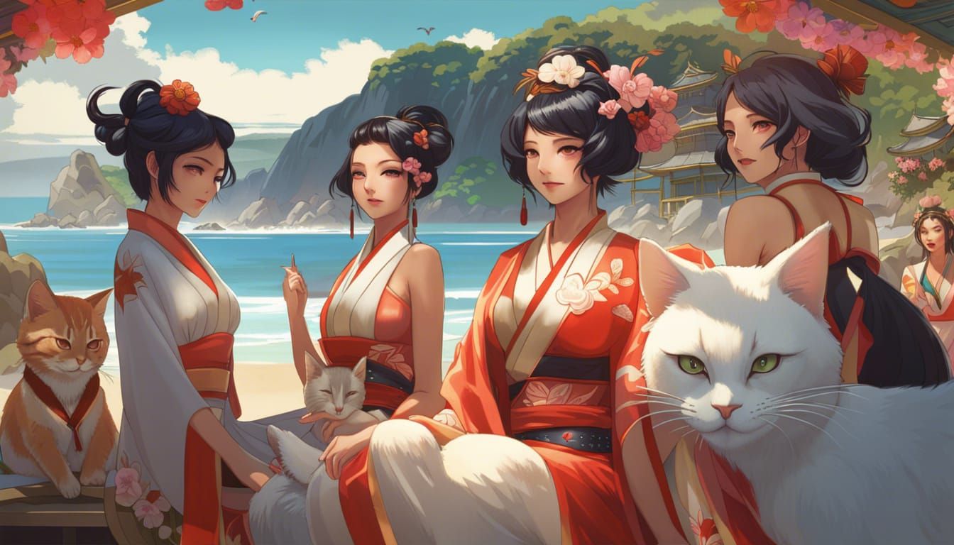 Cats on Aoshima (Cat Island) with pretty geisha girls