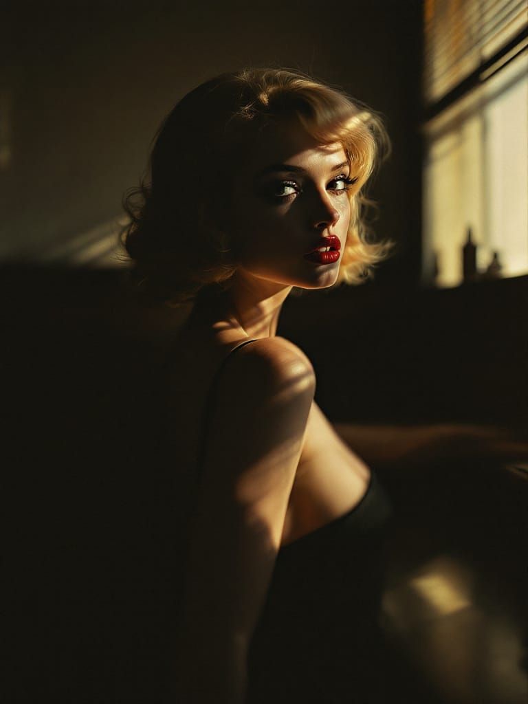 Blond Pin-Up in Golden Chiaroscuro, Film Noir Atmosphere