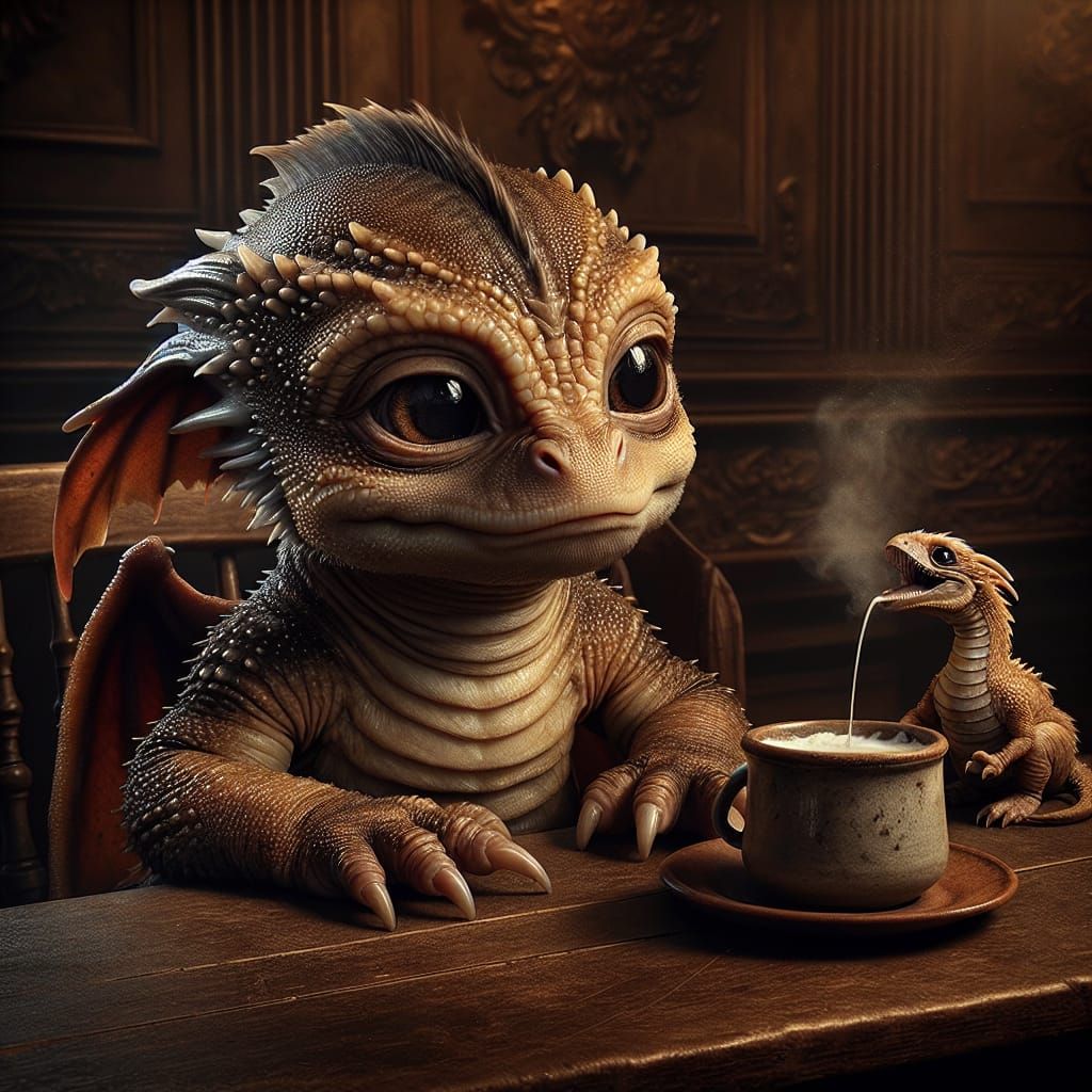 Grumpy Baby Dragon with Coffee, Baroque Digital Art