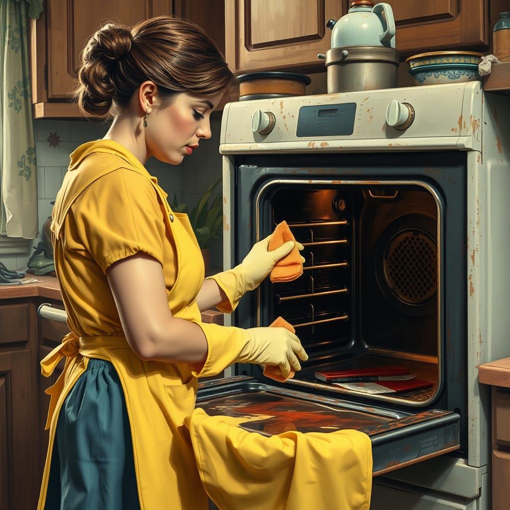 Woman Cleans Oven in Rockwell Style Kitchen