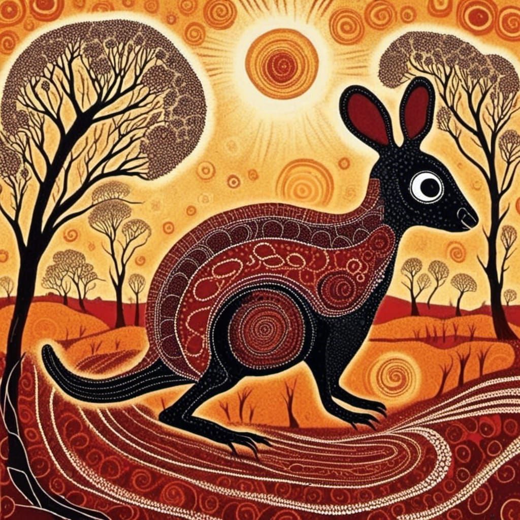 Kangaroo in Outback: Australian Aboriginal Art Style