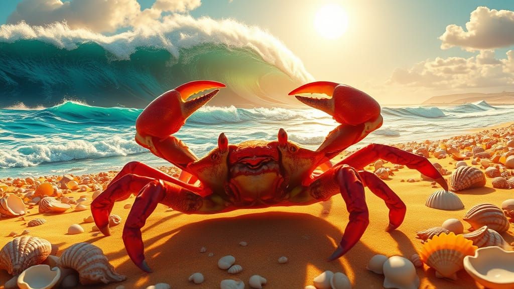 Red Crab on Golden Beach: Fantasy Matte Painting