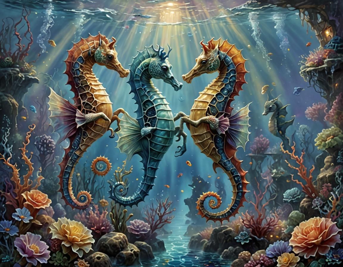 Seahorses Interact in Deep Sea Fantasy
