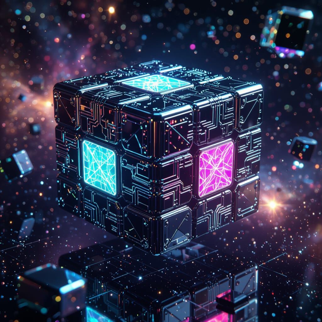 Futuristic Chrome Rubik's Cube in Nebula