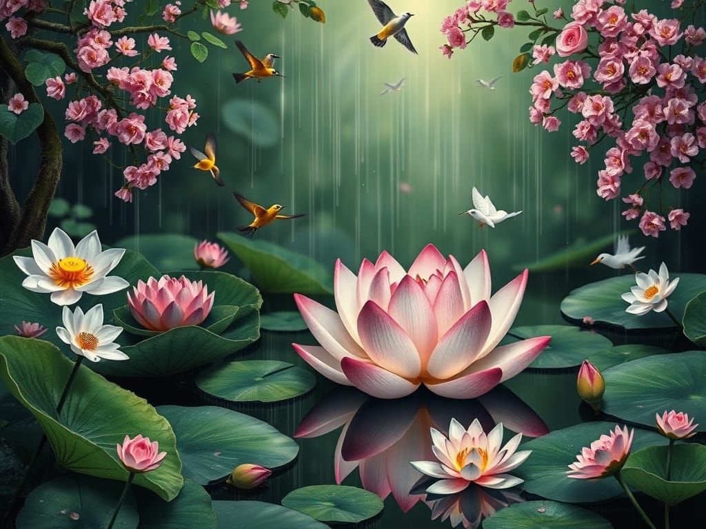 Lotus in Pond: 3D Embroidery Botanical Art