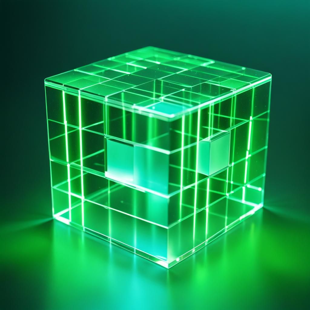 Translucent Cube Hologram in Matrix Digital Rain