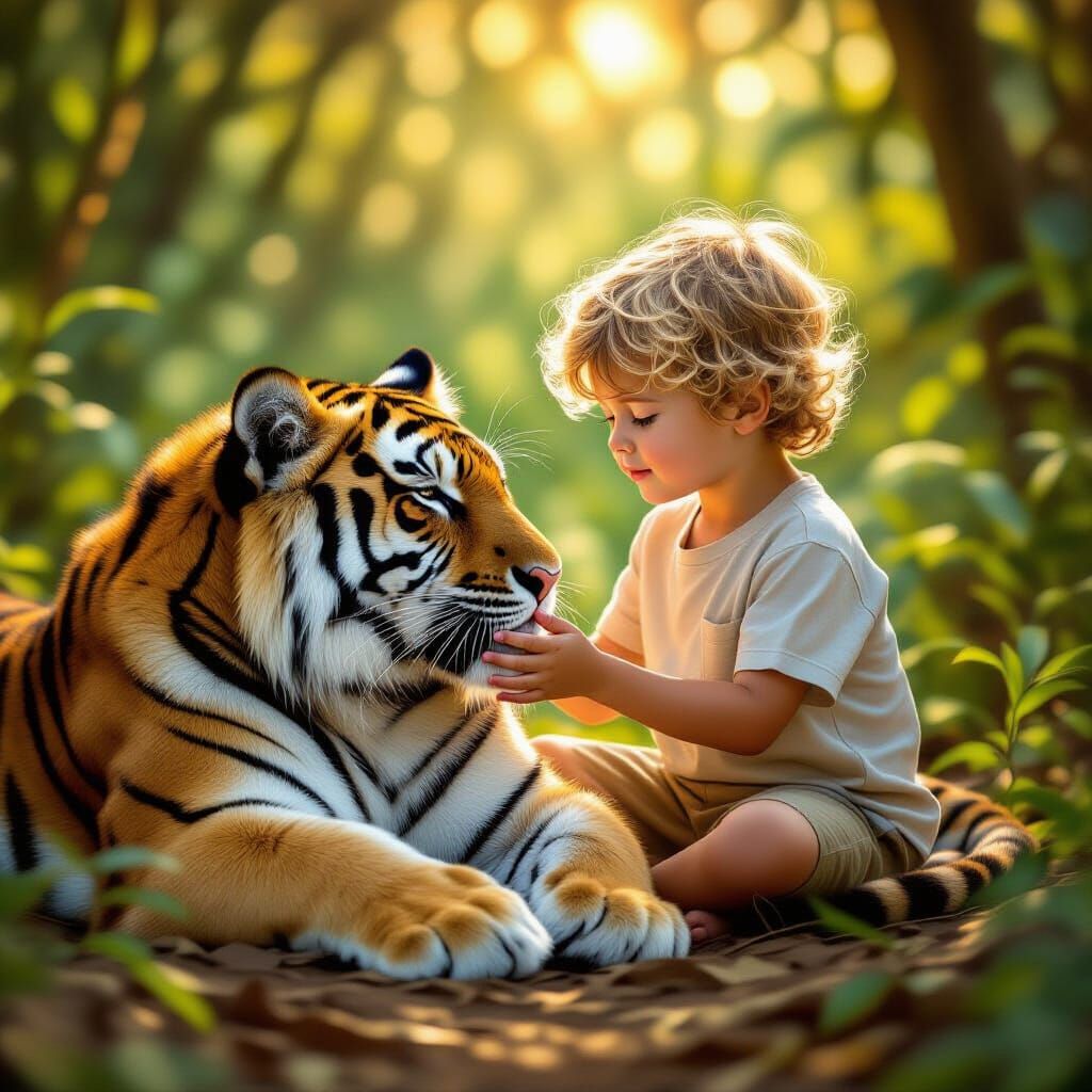 Boy and Tiger in Sun-Dappled Jungle Clearing