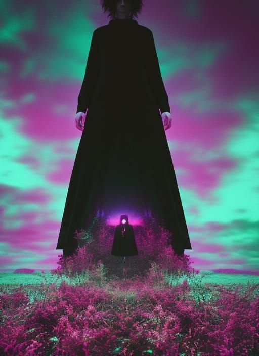 Eerie Portrait: Woman Adorned with Crows in Vaporwave Style