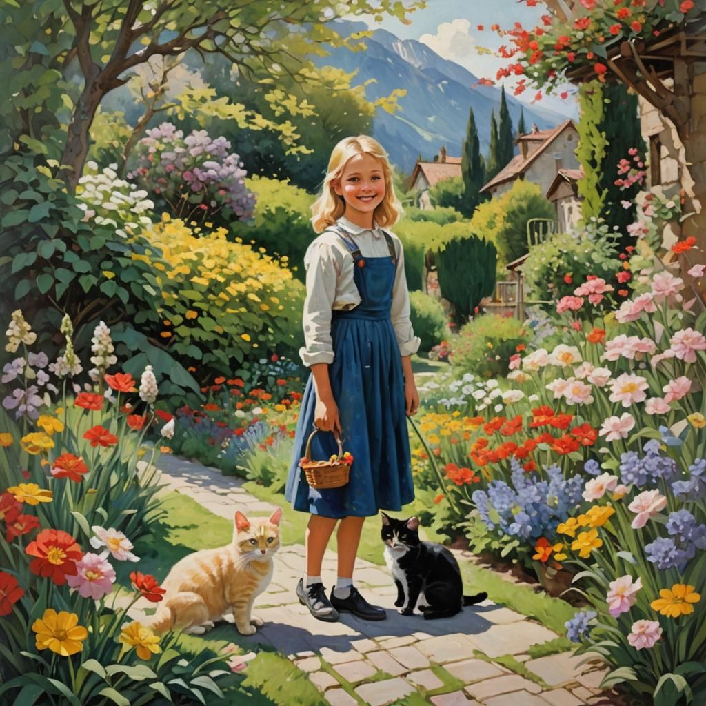Girl with Cat in Flower Garden Painting