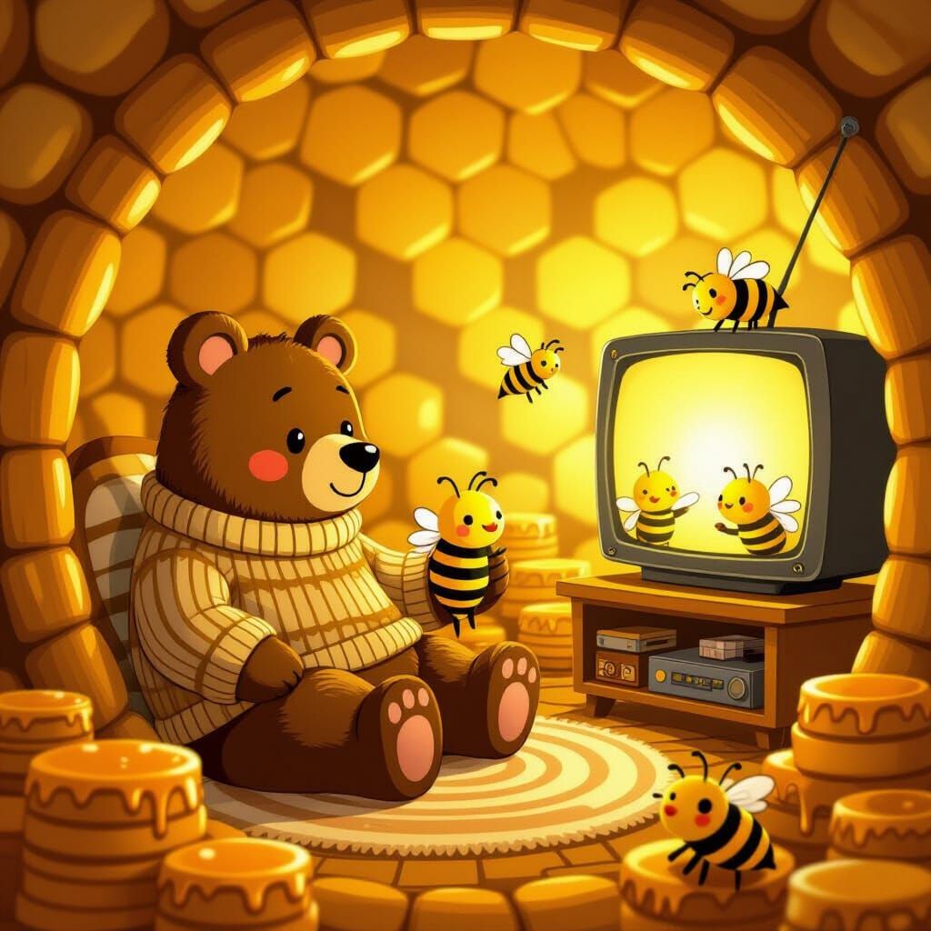 Bear and Bees Watch TV in Cozy Beehive