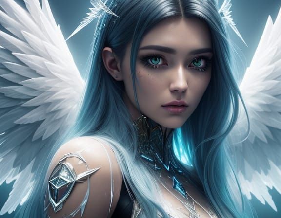 Surreal Angel Portrait with Crystal Wings in Golden Hour Lig...