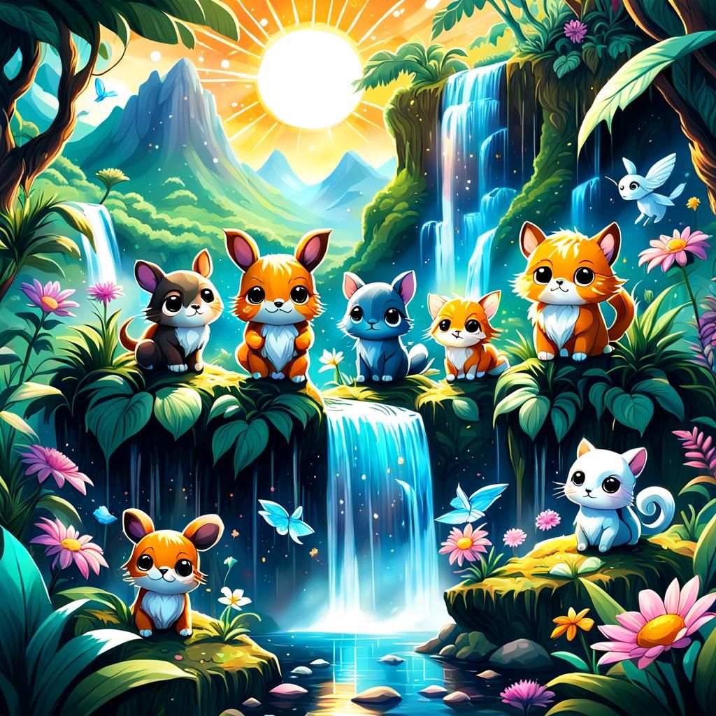Magical Jungle: Chibi Animals in Cosmic Illustration