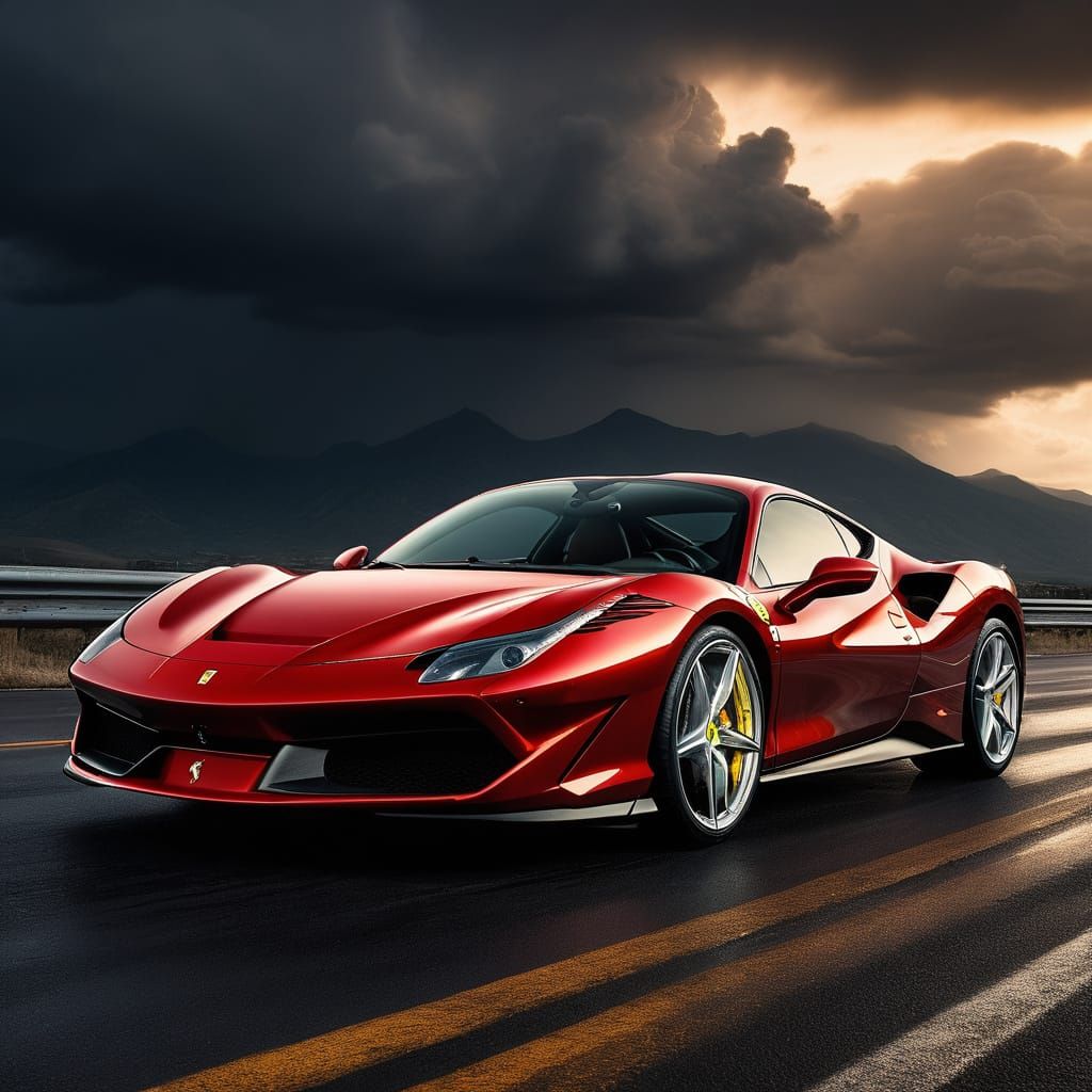 Cherry-Red Ferrari F8 in Dramatic Storm Light
