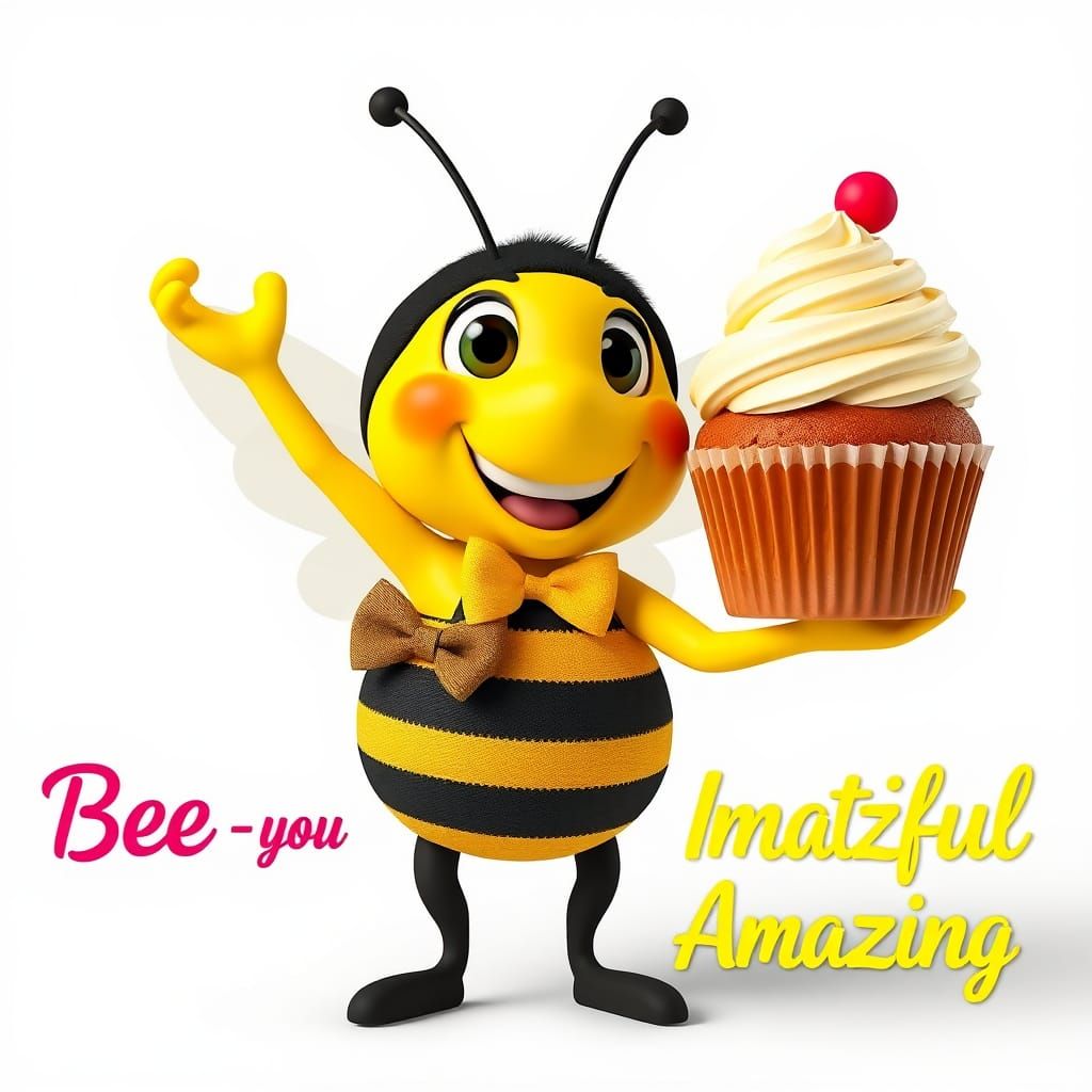 3d model of a cartoon bee in yellow outfit holding a cupcake, in the style of ilya kuvshinov, seth macfarlane, meticulou...