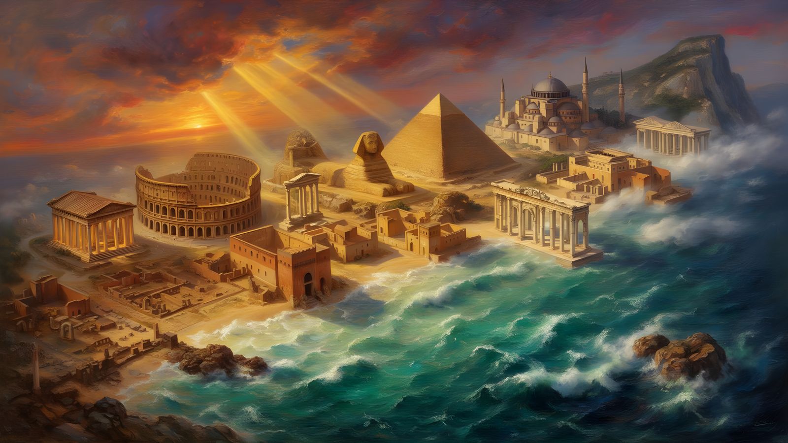 Mediterranean Historical Sites Montage at Sunset