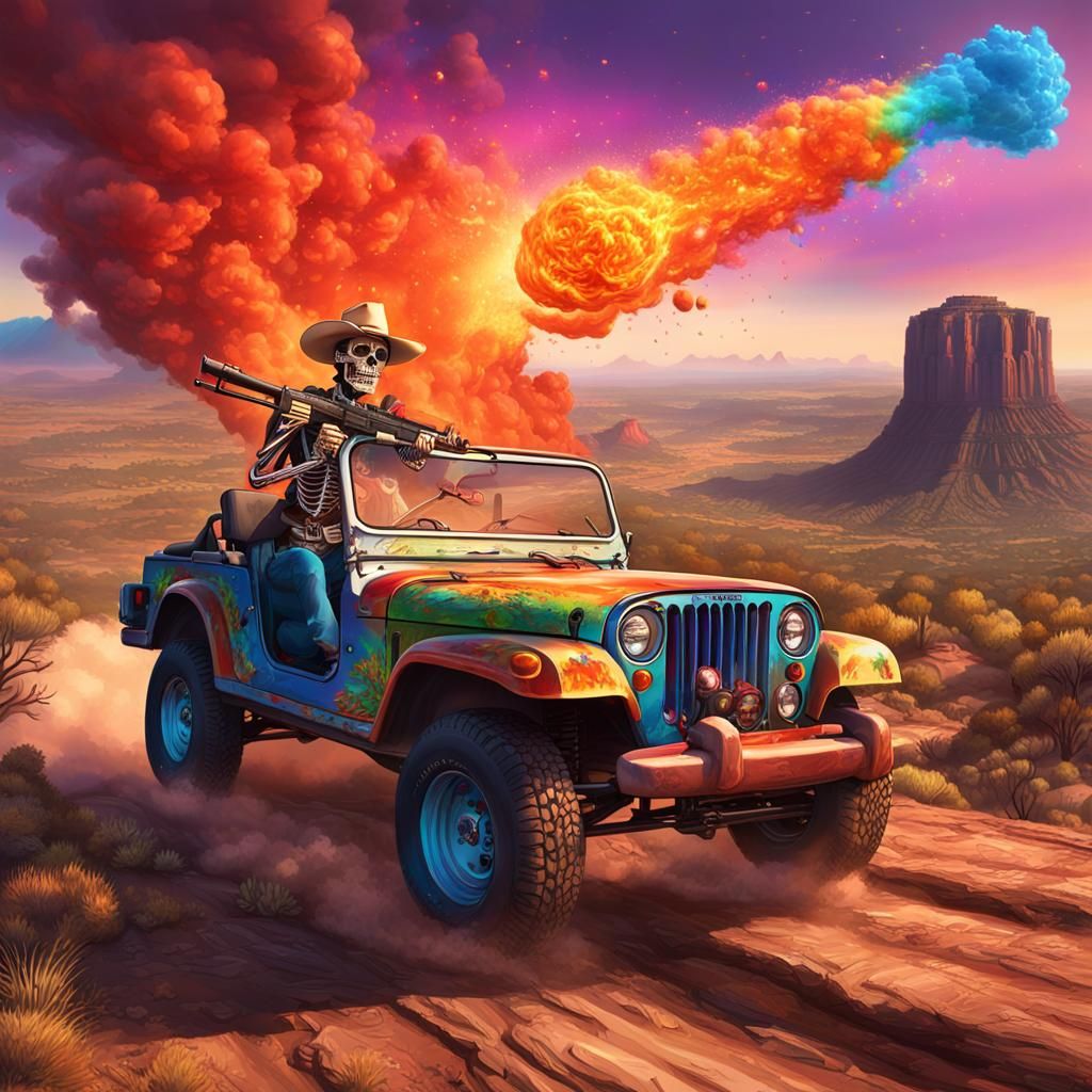 Day of the Dead Cowboy Skeleton in hat with exploding hot sauce jalapeño machine gun driving old Jeep CJ7 across Texas d...
