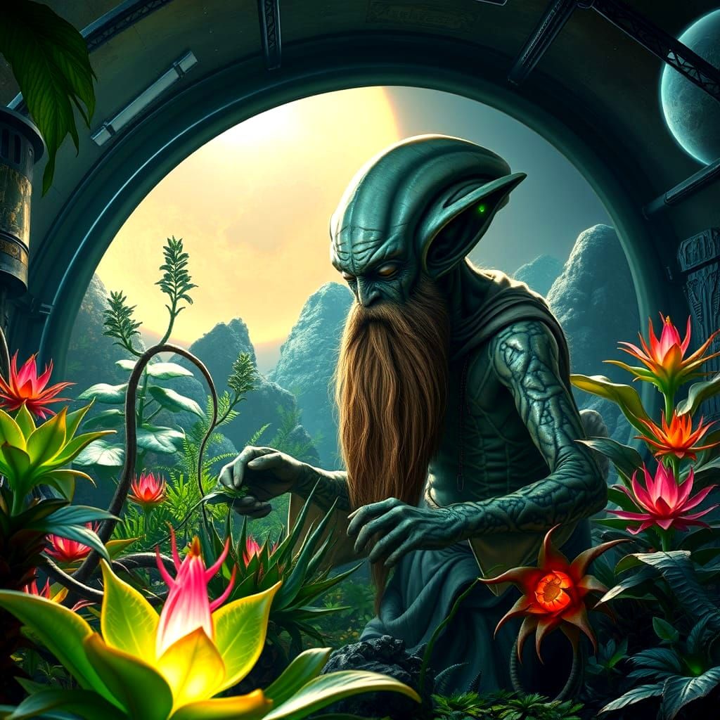 Wise Alien Botanist in Bioluminescent Garden