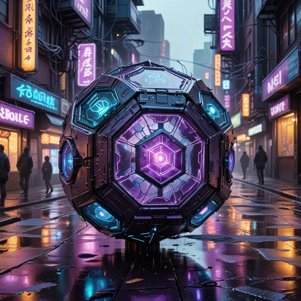 Cyberpunk Alley with Hovering Dodecahedron in Feng Zhu Style