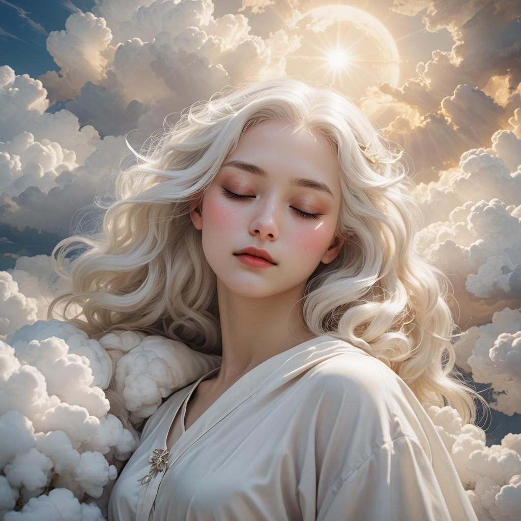 Girl with White Hair Sleeping in Divine Light