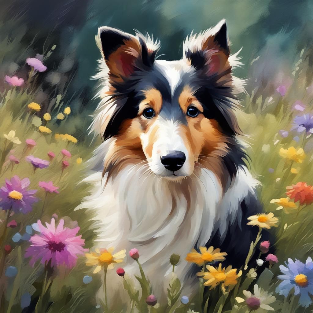 Collie Puppy in Wildflowers: An Impressionist Gouache Painti...
