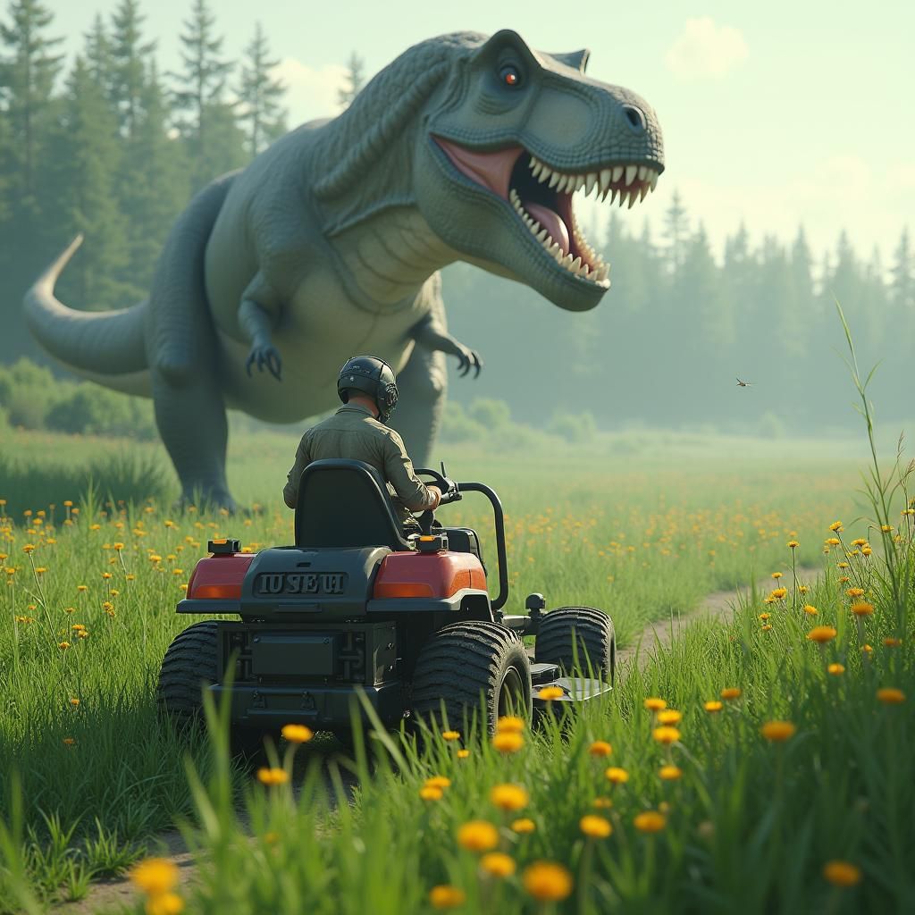 T-Rex Pursues Self-Driving Mower in Green Field