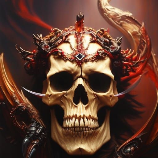Intricate Demonic Skull Oil Painting