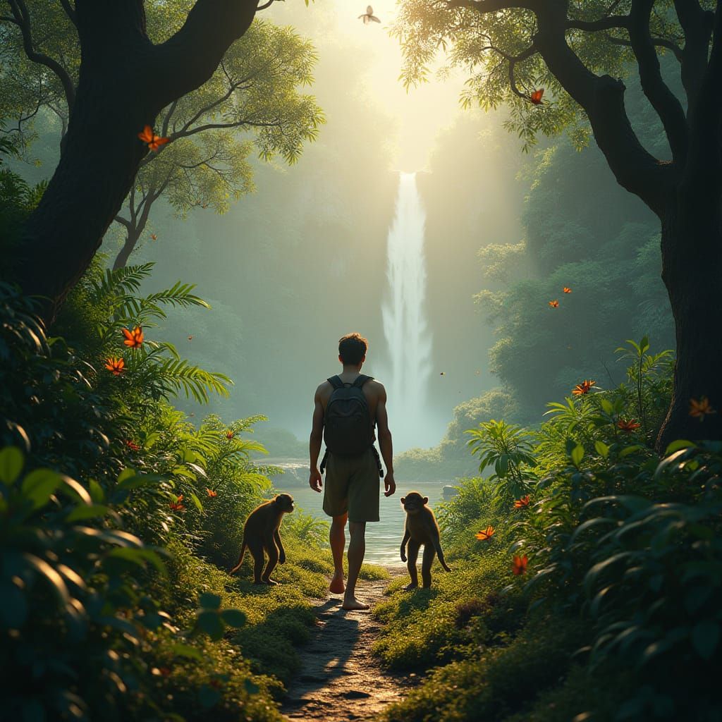 Lush Jungle Dawn: Barefoot Traveler in 3D Game Style