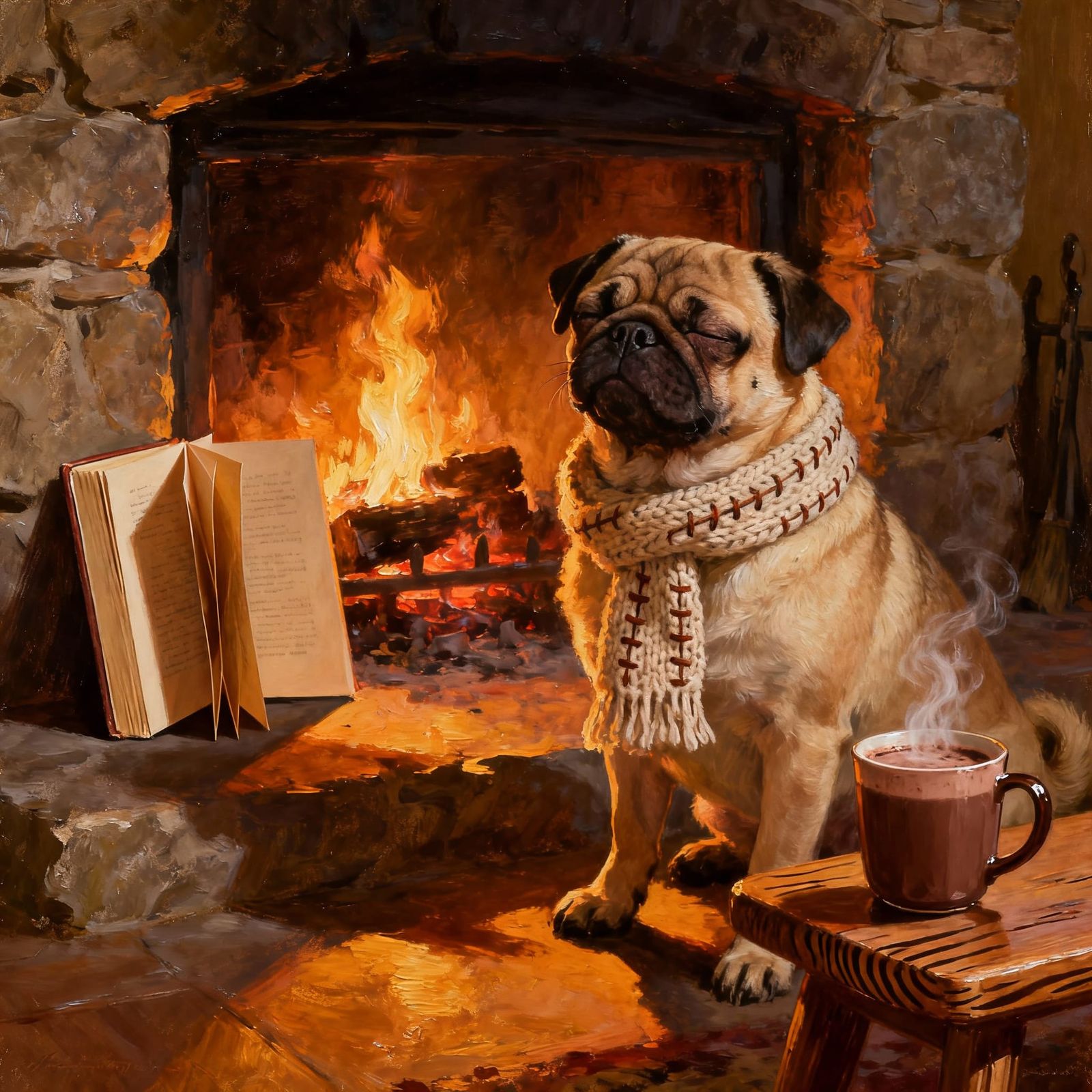 Contented Pug in Scarf by Fireplace, Oil Painting Style