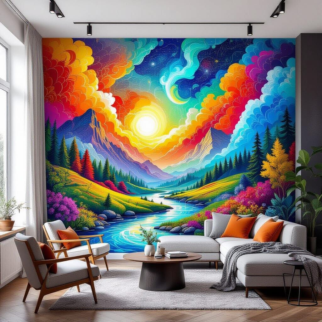 Airbrushed Landscape Mural with Abstract Art Elements
