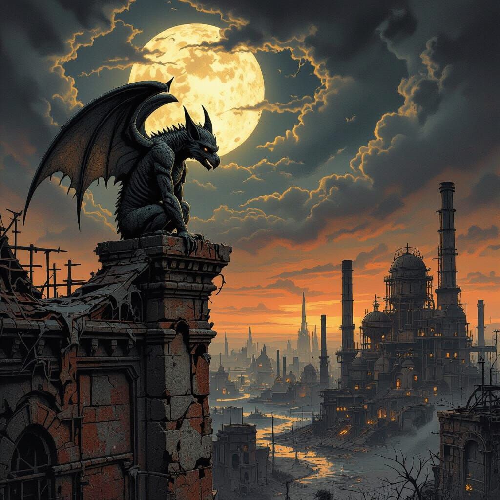 Gargoyle on Industrial Factory Overlooking Desolate Landscap...