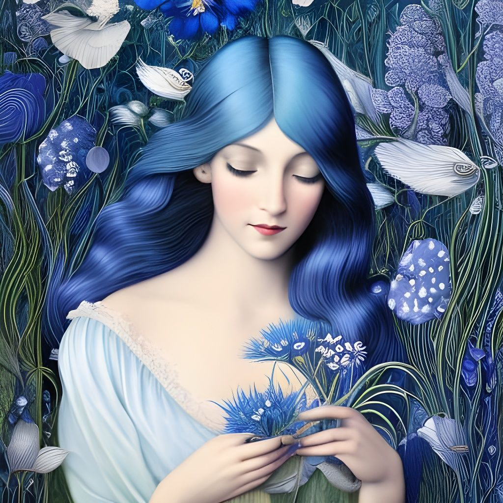 Blue-Haired Girl with Flowers: Art Nouveau Digital Painting
