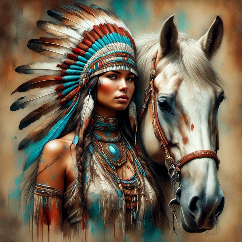 Native American Princess Portrait in Antique Watercolor Styl...