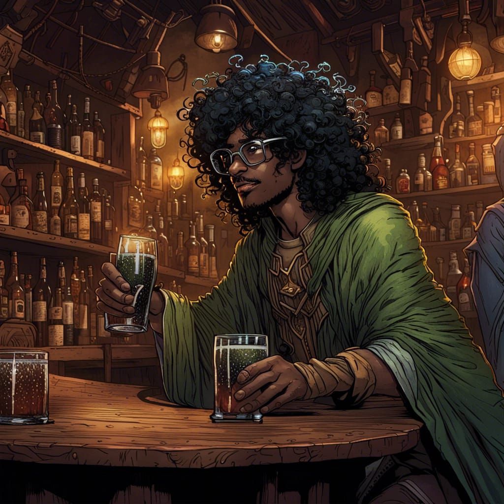 Elf-God Hybrid Enjoying a Drink: Comic Book Art
