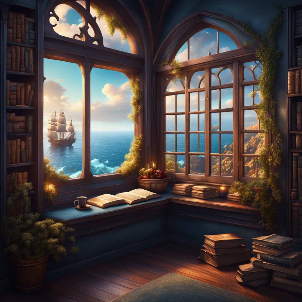 Cozy Seaside Book Nook: Detailed Matte Painting