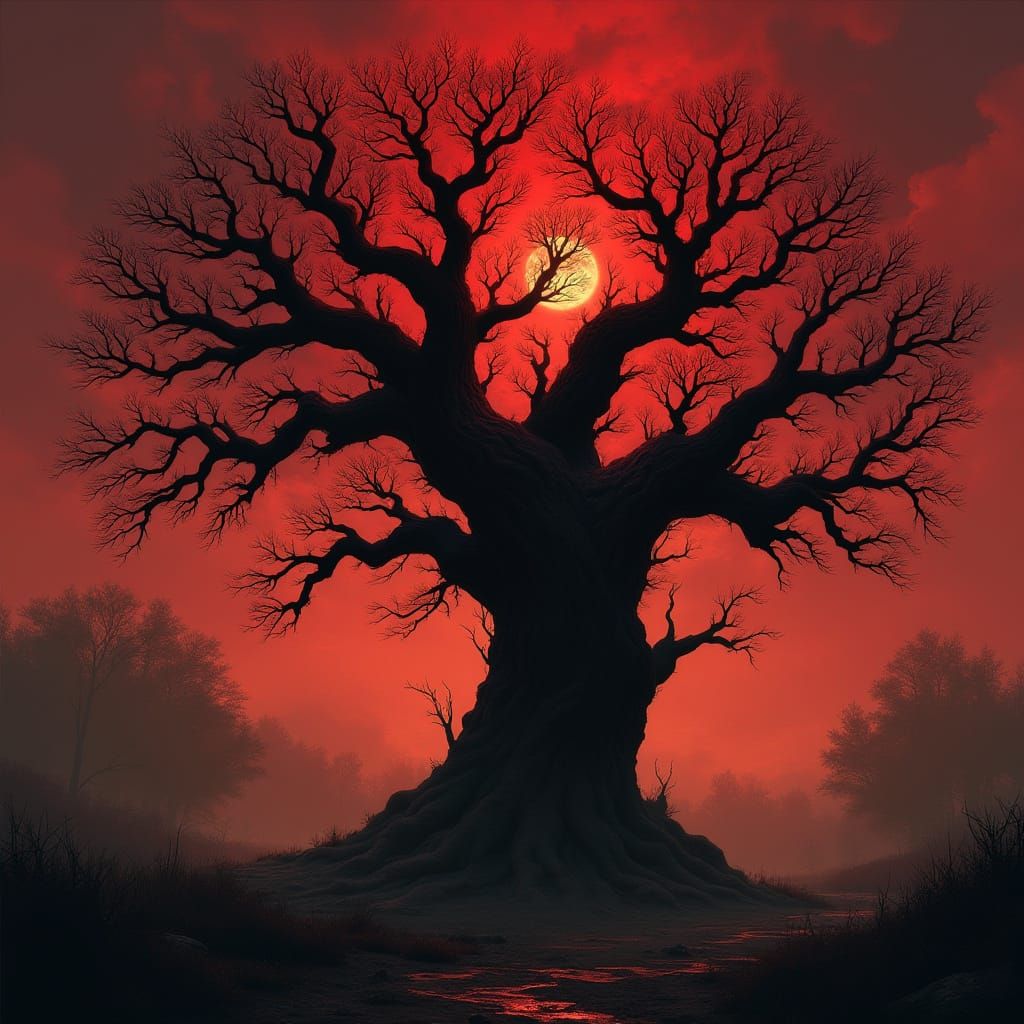 Ancient Oak Tree Silhouetted at Blood Red Sunset