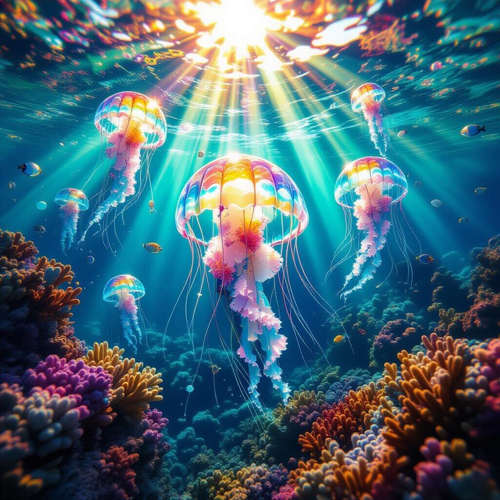 Rainbow Crystal Jellyfish in Coral Reef Kaleidoscope