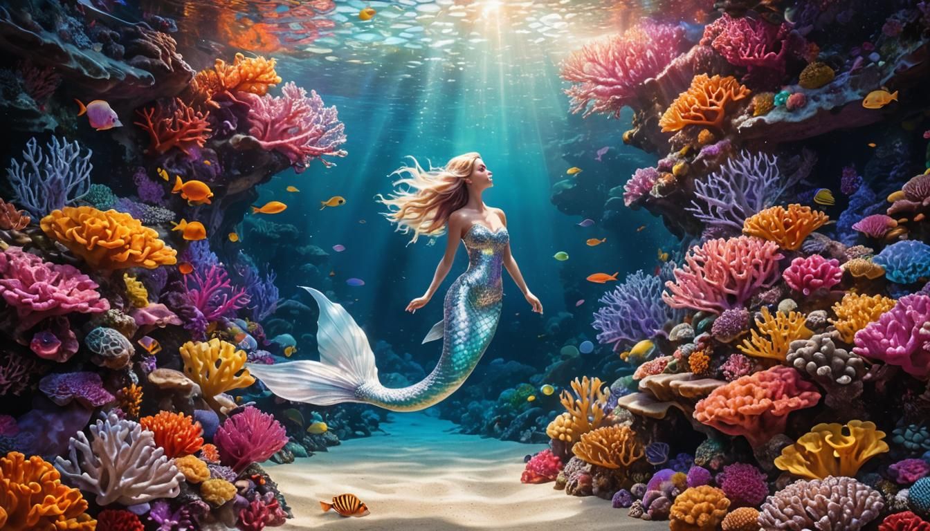 Silver Mermaid in Bioluminescent Coral Reef Tunnel