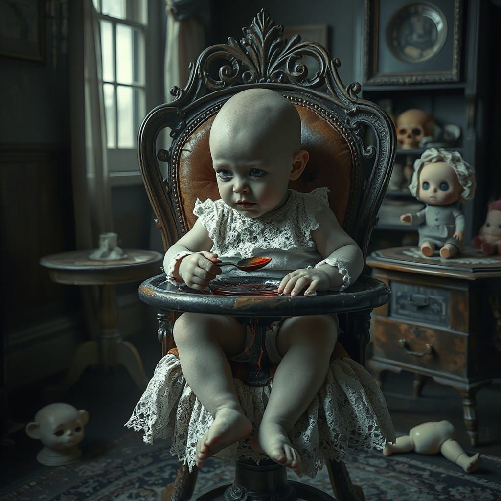 Gothic Zombie Baby Feeding Itself Red Oil