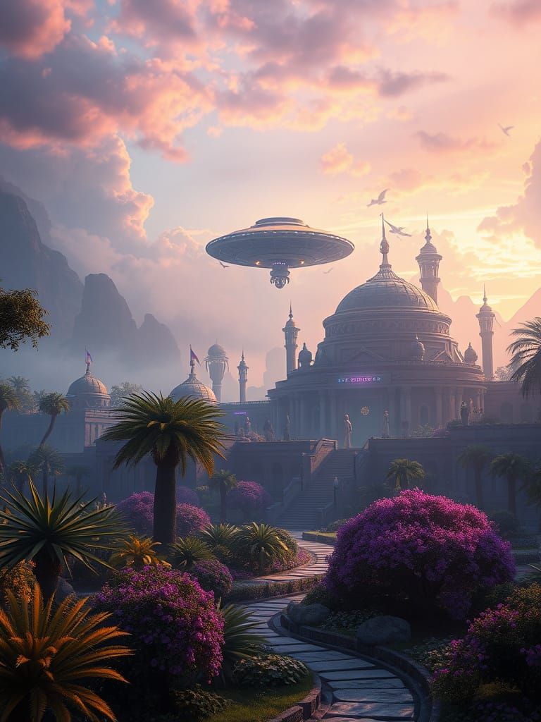 Babylonian Gardens with Alien Spaceship, Digital Art