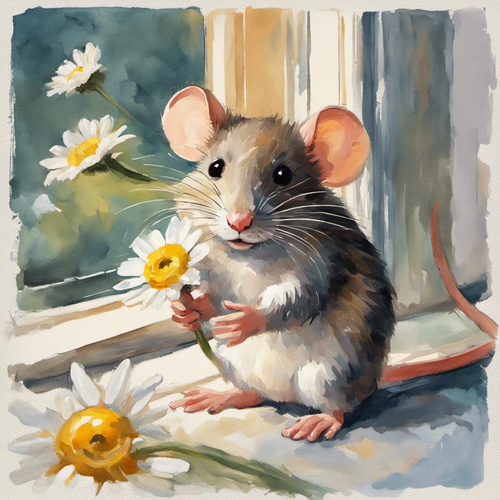 Mouse with Daisy in Gouache Impressionist Style