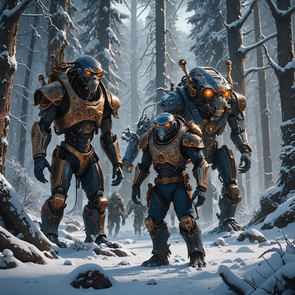 Steampunk Alien in Snowy Forest with Apes