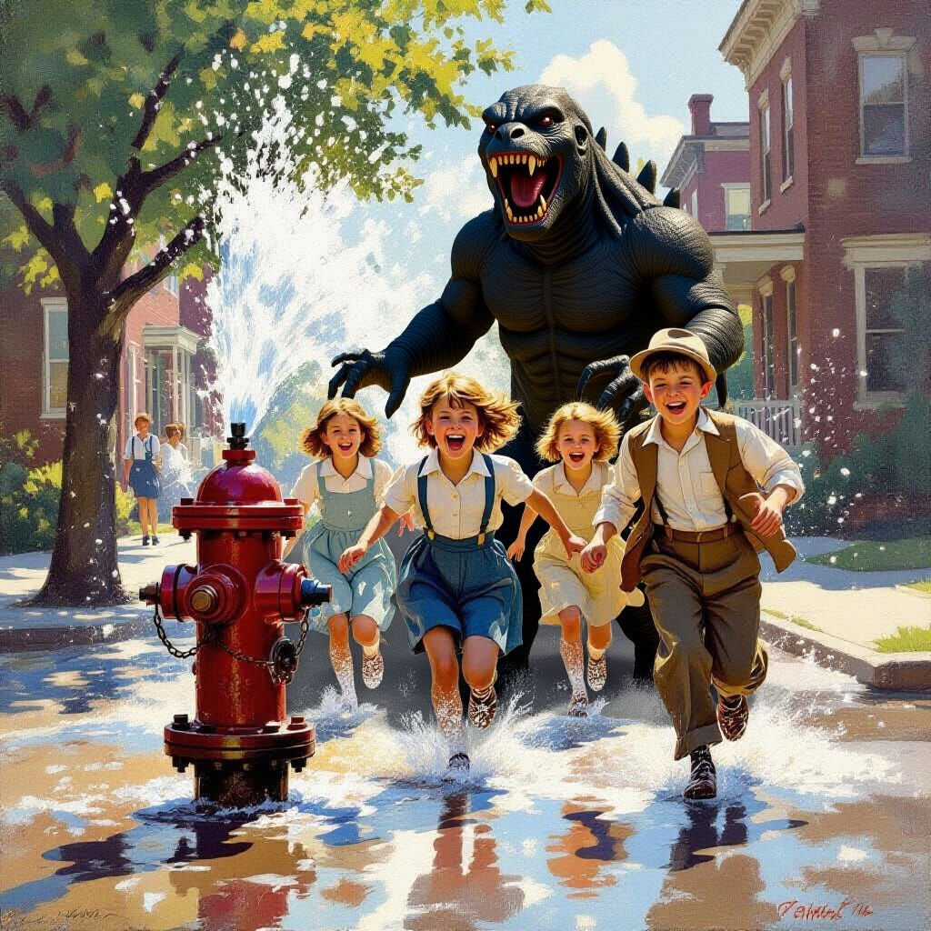 1920s Children Splash in Fire Hydrant on Sunny Day