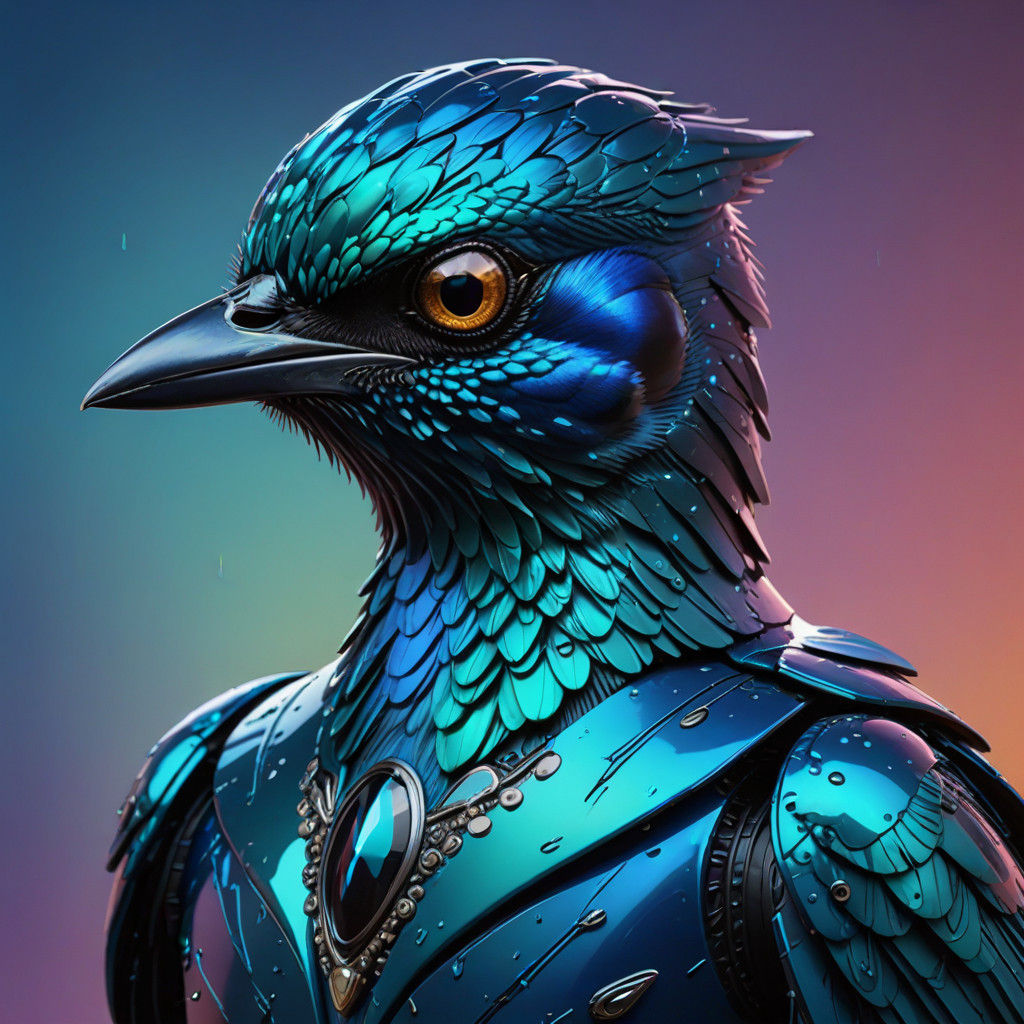 Hyperrealistic Cyborg Starling in Vibrant Splash Art